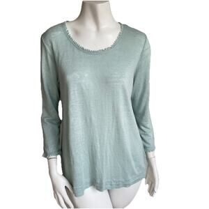 J‎ Jill Love Linen Knit Top Women Sz Medium Mint Green Pom Pom Trim 3/4 Sleeve